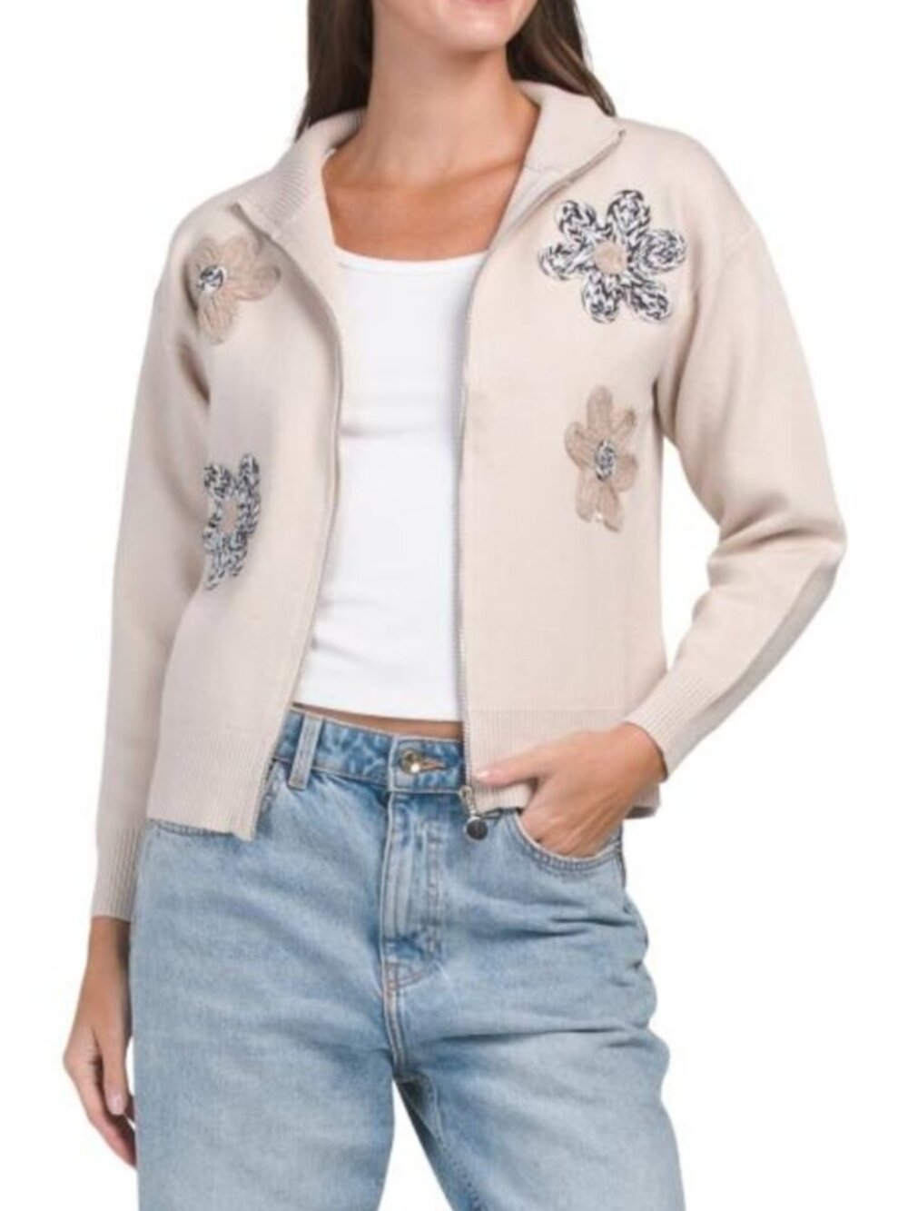 SIONI Double Knit Flower Sweater Jacket